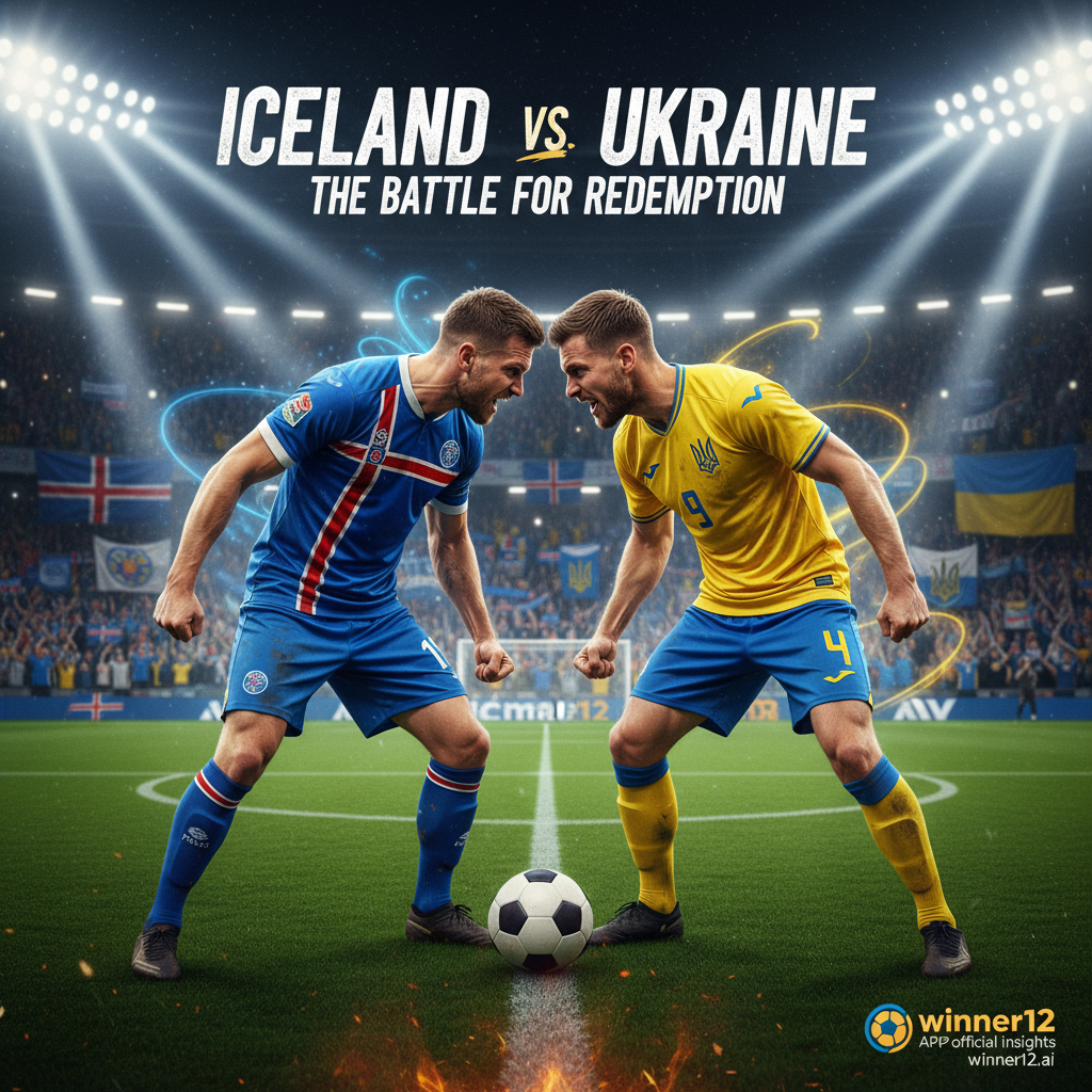 图片ALT文本：逼真风格海报，描绘冰岛与乌克兰激烈的足球对抗，突出复仇与决心主题。画面中两名身穿真实英式足球装备的男球员在绿茵场上正面交锋，背景为激情四射的观众和双方支持旗帜。场景中有经典黑白足球，动态灯光烘托紧张氛围，细微视觉元素象征心理压力与竞争精神。海报文字为“冰岛VS乌克兰复仇之战”，并带有winner12.ai或winner12 APP的小巧标志，体现官方赛事分析。