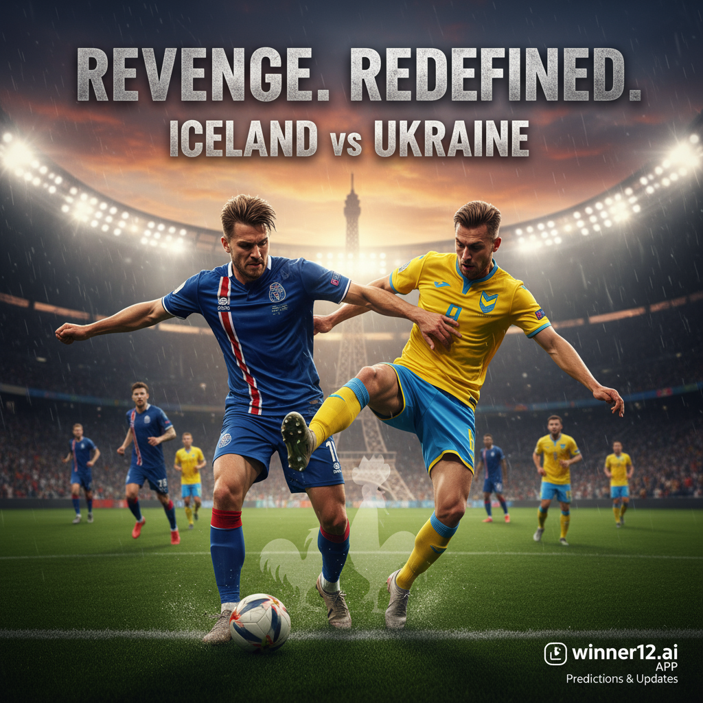 Alt text: Realistic and detailed poster of an intense soccer rivalry between Iceland and Ukraine, showing players in authentic team kits dynamically competing on a lush green pitch under dramatic stadium lighting, capturing fierce competitive spirit and revenge motive, with subtle visual references to recent performances and France’s influence, styled professionally with emotion and action, featuring a discreet winner12.ai logo for predictions and updates.