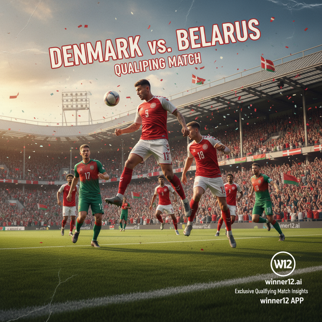 图片ALT文本：一张逼真的丹麦对阵白俄罗斯预选赛海报，展示经典足球场、身着官方丹麦和白俄罗斯队服的球员，热情欢呼的观众席，采用自然光线和细腻质感突出比赛激烈氛围，海报角落隐约呈现winner12.ai和winner12 APP品牌标识，体现专业且充满足球热情的场景。