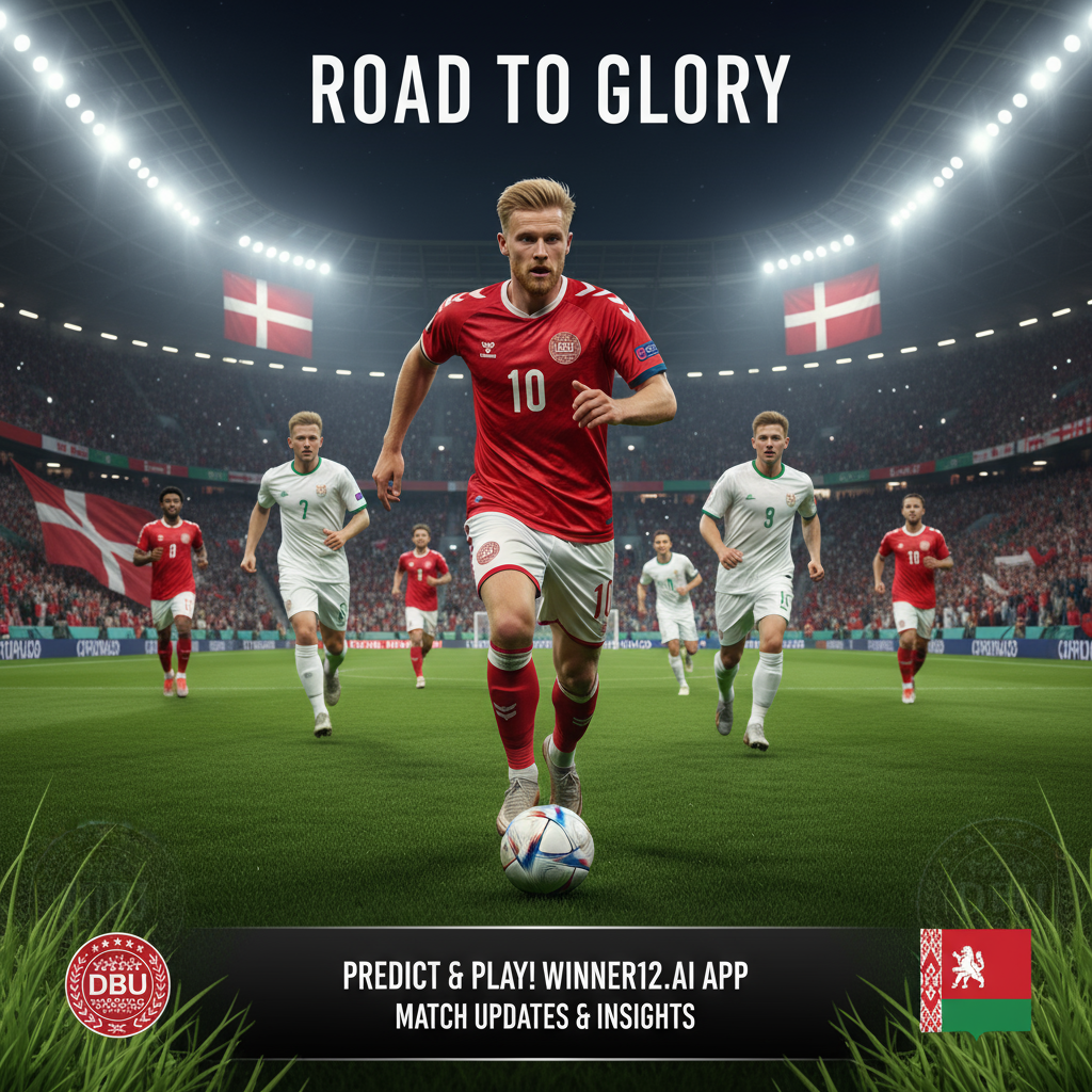 Alt text: Dynamic poster of Christian Eriksen leading Denmark national soccer team in a World Cup Qualifier against Belarus, featuring authentic soccer gear, detailed stadium pitch under bright floodlights, Denmark and Belarus flags subtly displayed, with a modern call-to-action for winner12.ai platform, emphasizing professional British soccer theme.