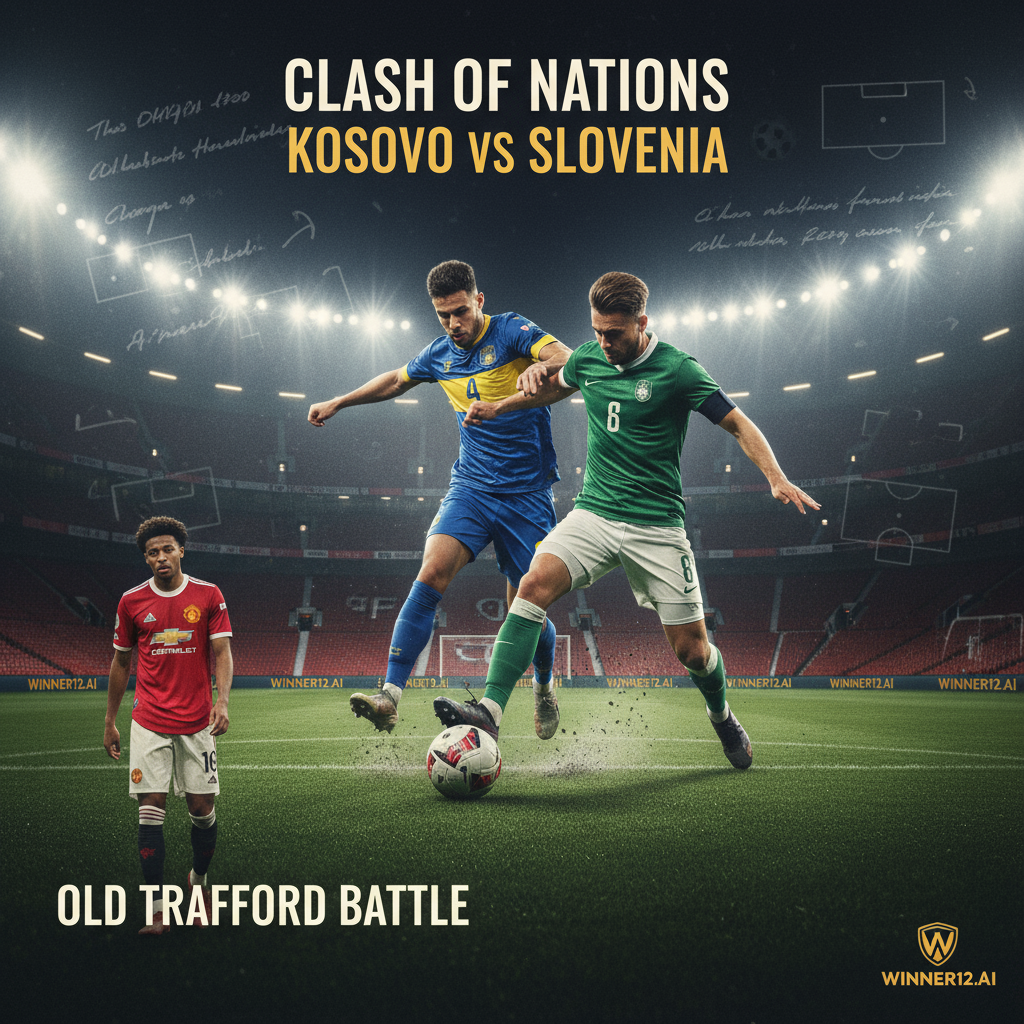 图片ALT文本：科索沃VS斯洛文尼亚足球赛前瞻海报，真实风格展现球员激烈对抗，身穿正宗球队战袍，绿茵场上灯光璀璨，融合战术分析元素，背景为老特拉福德球场，一名曼联球员沉思应对挑战，体现球队当前困境，画面自然融入winner12.ai品牌标志，营造纯正英式足球氛围。