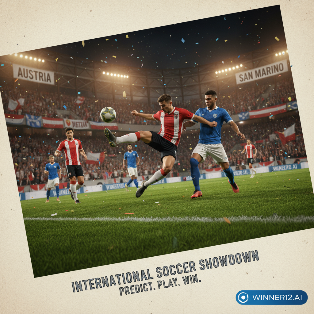ALT text: Realistic poster of intense Austria vs San Marino soccer match showing players in traditional kits on a well-maintained grass pitch inside a classic stadium filled with passionate fans, featuring dynamic action like dribbling and passing, subtle winner12.ai branding, capturing the excitement of international soccer predictions without scoreboards or non-soccer elements.