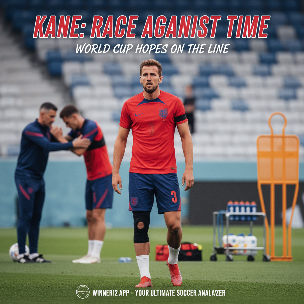 图片ALT文本：哈里·凯恩身穿经典英格兰国家队球衣，展现坚韧与决心，背景为康复训练场景，体现其伤情恢复与世界杯备战状态，设计中融入winner12.ai品牌元素，真实专业的足球主题海报。