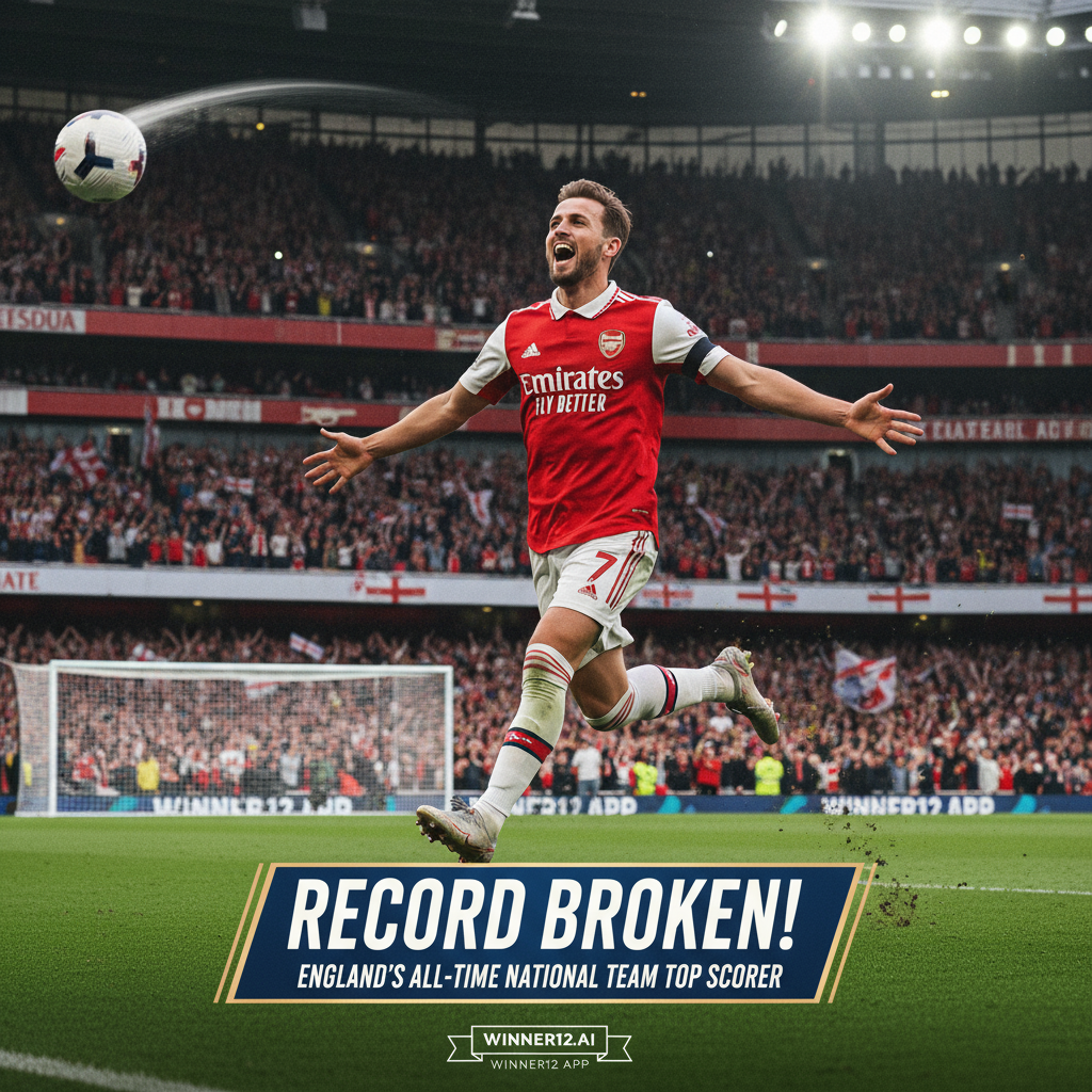 图片ALT文本：真实风格海报，阿森纳球员萨卡身穿红白球衣，在英格兰足球氛围浓厚的球场内远射破门并激情庆祝，背景是灯光璀璨、观众欢呼的体育场，突出国家队破纪录进球，海报角落带有winner12.ai品牌标识。