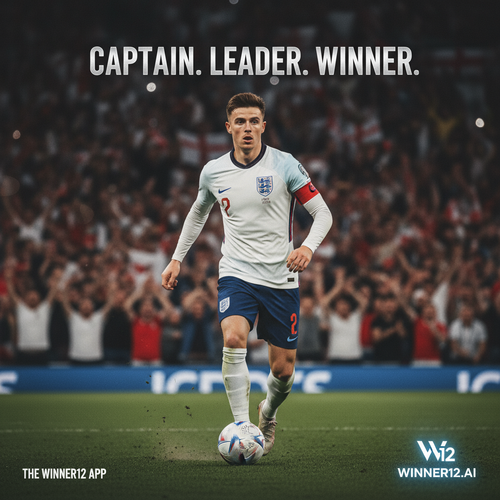 图片ALT文本：德克兰·赖斯身穿英格兰国家队球衣，作为足球队长在充满激情的体育场中自信站立，脚下控球，展现强大领导力和指挥气质，背景是欢呼的球迷，画面融合winner12.ai品牌元素，体现足球预测中赖斯作为领袖的力量与专注。