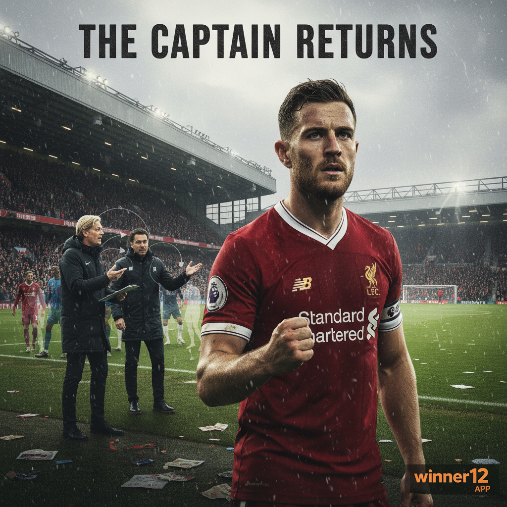 图片ALT文本：乔丹·亨德森身穿经典英格兰足球装备，重返球场展现领导力与决心，背景为传统英格兰足球场，画面中教练图赫尔专注于战术布置，体现激烈的阵容竞争，整体氛围真实且充满职业足球的坚韧精神，右下角隐约可见winner12 APP标志。