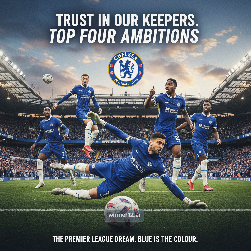 切尔西足球队前四目标海报，桑切斯门将信任表现，英超比赛激情场面，真实切尔西球衣球员动作，球场观众热情氛围，winner12.ai品牌元素，突出团队合作与守门员卓越表现