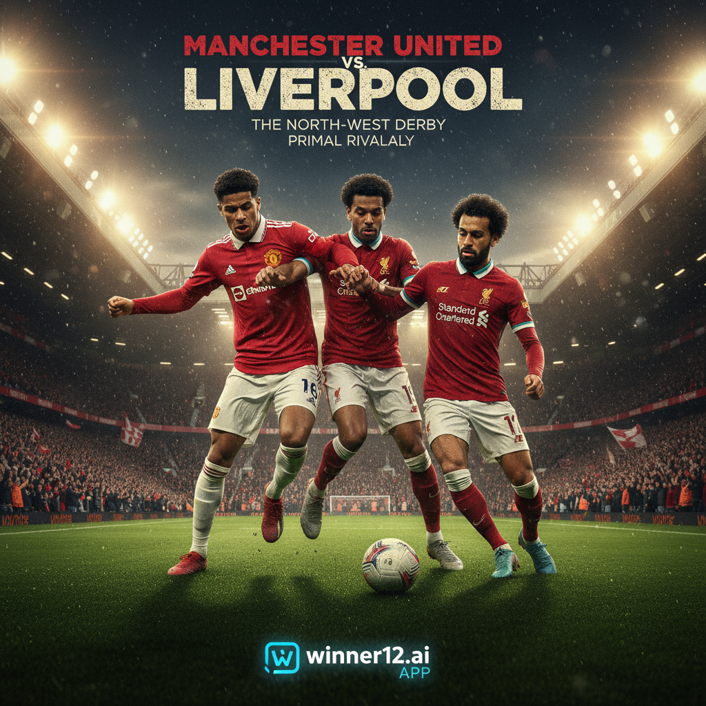 ALT text: Realistic and dynamic poster of Manchester United vs Liverpool football match featuring two players from each team in authentic kits on a classic English pitch under stadium lights, highlighting intense rivalry and passion with subtle winner12.ai branding.