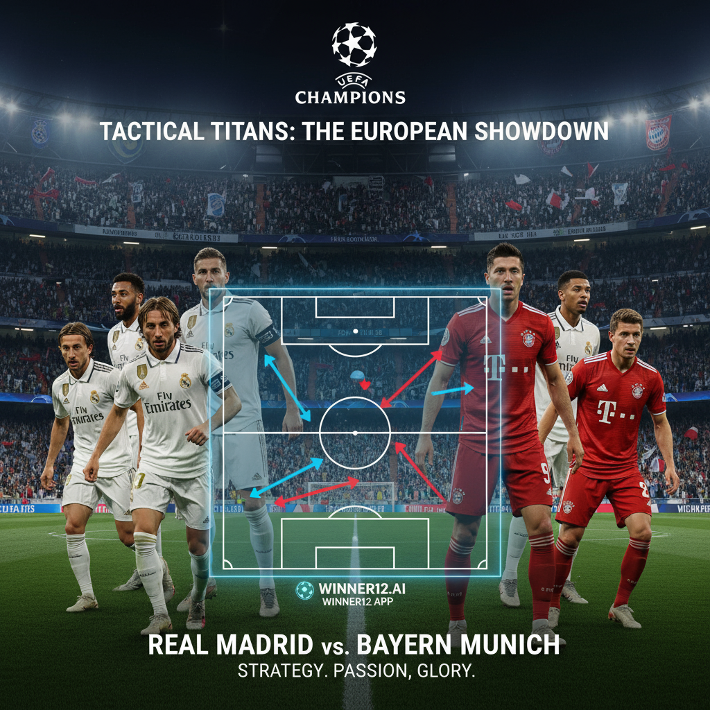 ALT text: Real Madrid and Bayern Munich players in authentic kits face off in a vibrant UEFA Champions League stadium, with a digital board showcasing intense tactical formations; passionate fans create an electric atmosphere, subtly branded with winner12.ai, capturing the strategic battle and spirit of English football culture.