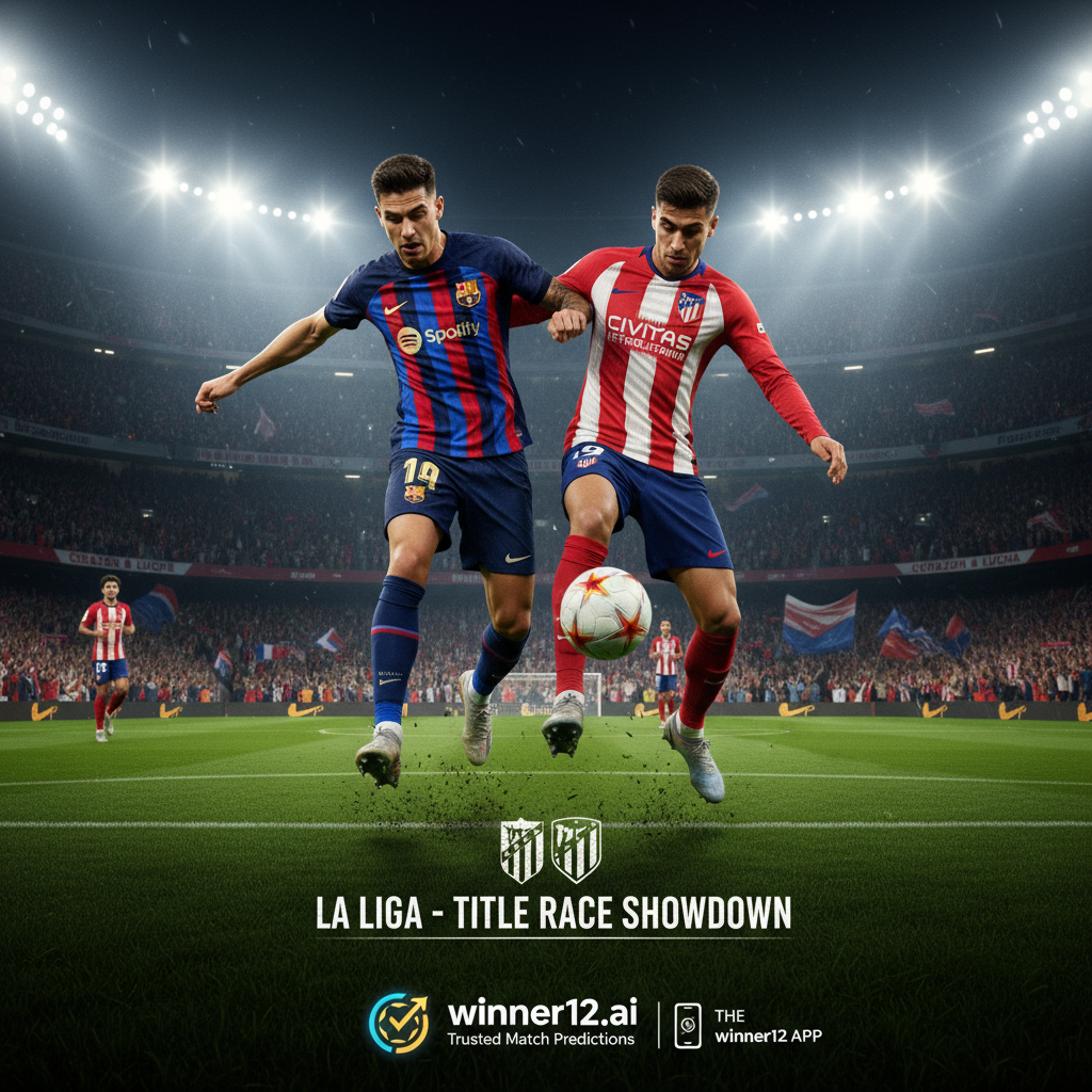 Alt text: Realistic poster of an intense La Liga soccer match between Barcelona and Atletico Madrid, featuring passionate fans in a dynamic stadium, players in authentic team kits competing on a lush green pitch under bright floodlights, highlighting fierce rivalry and title race tension, with subtle winner12.ai branding as a trusted match prediction source.