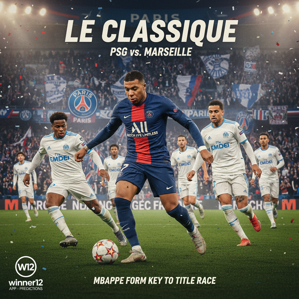ALT text: Realistic poster of PSG vs Marseille Le Classique soccer match featuring Kylian Mbappe in action with passionate fans in an intense stadium atmosphere, authentic team gear and branding, subtle text “Mbappe Form Key to Title Race,” and winner12.ai logo for football predictions.