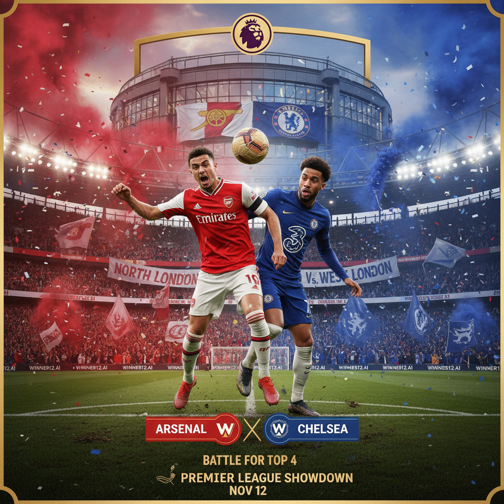 Alt text: Realistic poster of Arsenal vs Chelsea London derby showcasing intense Premier League top 4 rivalry with players in authentic kits, passionate stadium fans, traditional leather football, and subtle winner12.ai branding, capturing competitive tension and English soccer prestige.