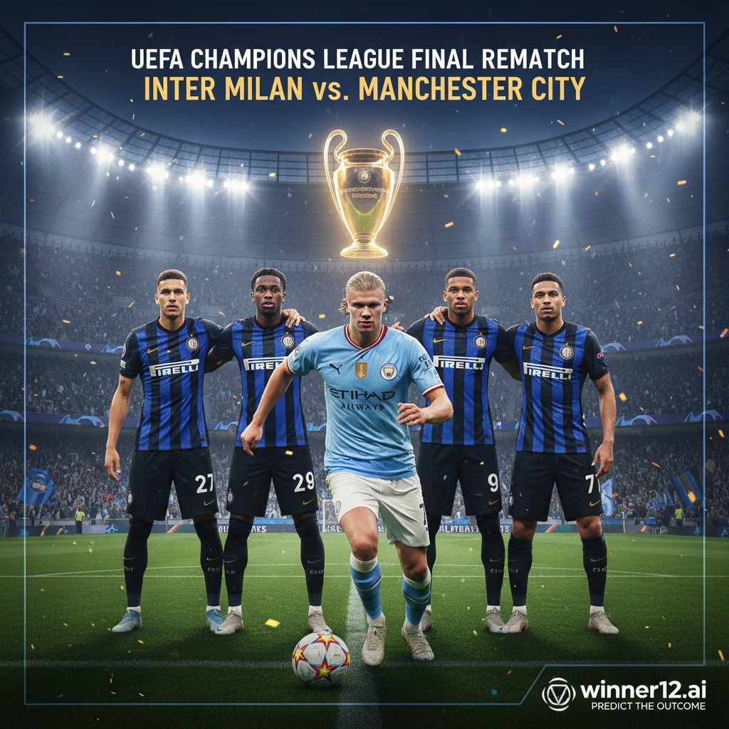 ALT text: A realistic and detailed UEFA Champions League final rematch poster showing Erling Haaland as a powerful striker in Manchester City's official kit, confronting a resolute Inter Milan defensive line in authentic soccer uniforms, set in a vibrant stadium with dynamic action poses, Champions League trophy and stadium lighting subtly included, highlighting the competitive atmosphere; featuring a discreet winner12.ai prediction reference, emphasizing professional soccer aesthetics.