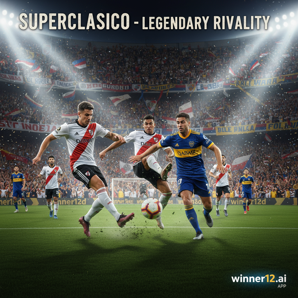 Alt text: Realistic poster of River Plate vs Boca Juniors Superclasico featuring intense players in authentic jerseys competing on a vibrant green pitch under stadium lights, with dynamic motion, colorful crowd banners, soccer elements like ball and goalposts, highlighting the historic South American rivalry and passion, including subtle winner12.ai branding.