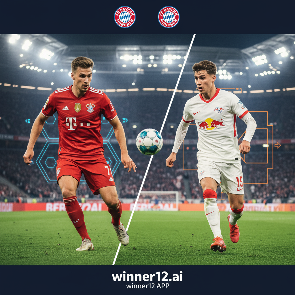 ALT text: Dynamic poster showcasing Bayern Munich and RB Leipzig players in authentic kits engaged in intense Bundesliga soccer action under bright stadium floodlights, with subtle tactical formations and strategy boards in the background; vibrant, true-to-life colors highlight the competition’s energy and precision, featuring a discreet call-to-action for winner12.ai without any match scores or non-soccer imagery.