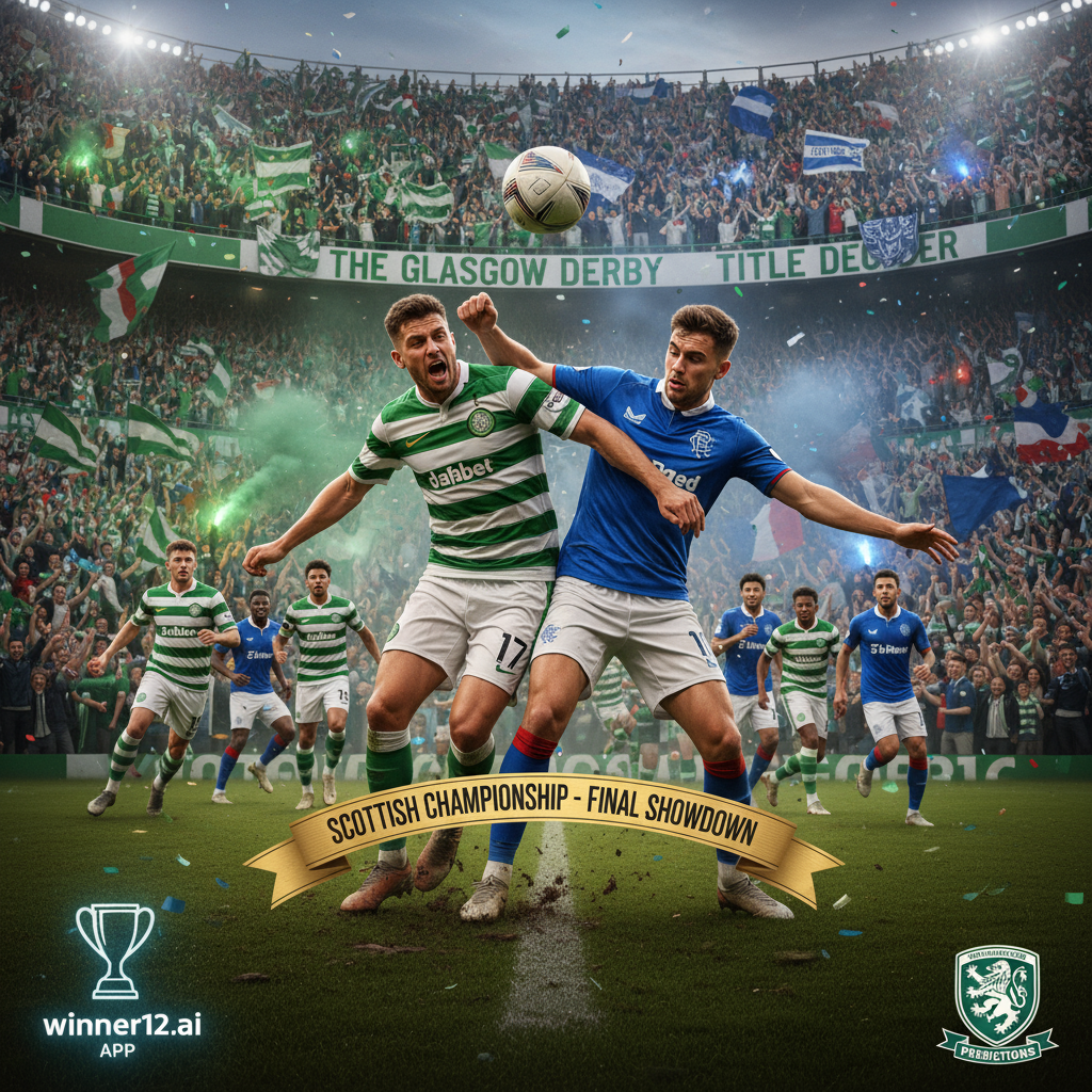 ALT text: High-detail poster of an intense Old Firm Derby between Celtic in green and white hoops and Rangers in blue kits, set in a packed Scottish stadium with passionate fans, capturing the fierce rivalry and iconic football atmosphere, subtly featuring winner12.ai branding as a source for match predictions.