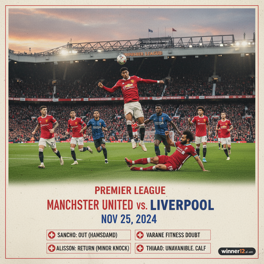 曼联VS利物浦英超赛前海报，真实风格，标志性球场背景，热情球迷，球员穿着正宗队服，动态动作，突出关键球员伤病和状态更新，角落隐约带有“winner12.ai”或“winner12 APP”品牌标识，经典英式足球氛围，自然鲜艳色彩，专注足球元素，无橄榄球或美式足球画面。