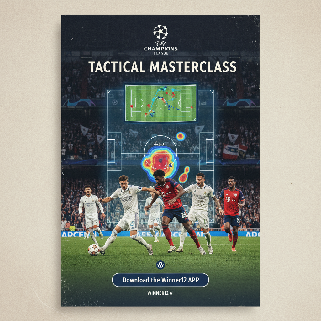 ALT文本：皇马与拜仁欧冠小组赛战术大师对决海报，真实风格展现激烈足球动作，球员身穿正宗皇马和拜仁球衣，细腻还原球场氛围，融合动态阵型与热力图元素，画面中巧妙添加“winner12.ai”与“winner12 APP”品牌现代呼吁，突出英式足球文化与装备。