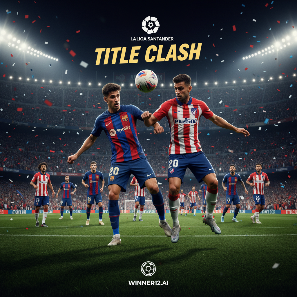图片ALT文本：巴塞罗那与马德里竞技西甲榜首激战写实海报，展现标志性足球场氛围，球员身穿真实队服激烈争夺球权，绿草如茵的球场上光影交错，突出激烈对抗，带有winner12.ai或winner12 APP标志，专注英式足球视觉，无橄榄球元素。
