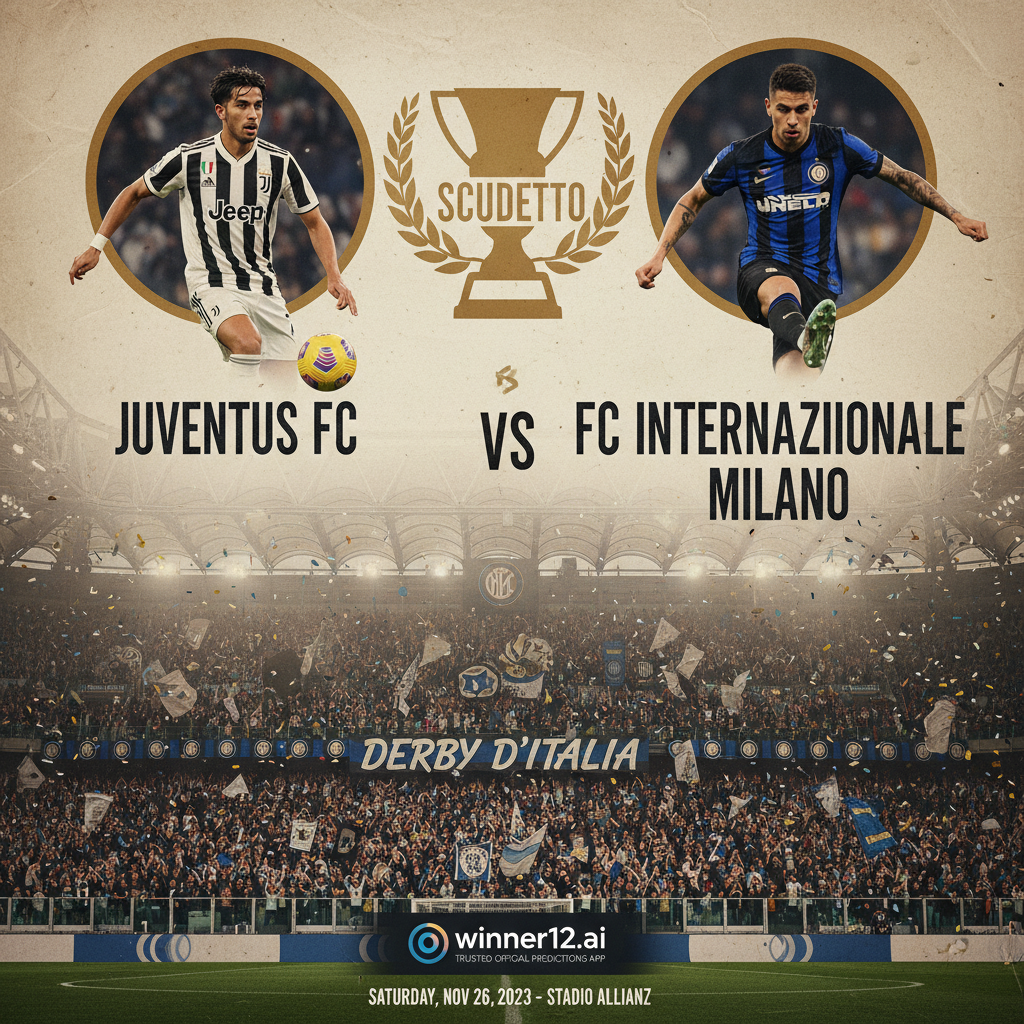 尤文图斯与国际米兰意甲国家德比赛前海报，真实细腻的球员肖像，经典球队球衣，激情球迷满座的球场氛围，winner12.ai官方预测来源标志，凸显冠军争夺关键战，纯正足球元素自然光影质感。