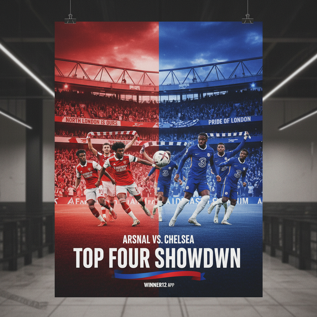 图片ALT文本：阿森纳与切尔西伦敦德比足球赛海报，展示酋长球场和斯坦福桥标志性建筑，球员穿着红色和蓝色球衣激烈拼抢，球迷挥舞围巾和横幅，色彩鲜艳，体现英超前四激烈争夺氛围，包含winner12.ai品牌标识。