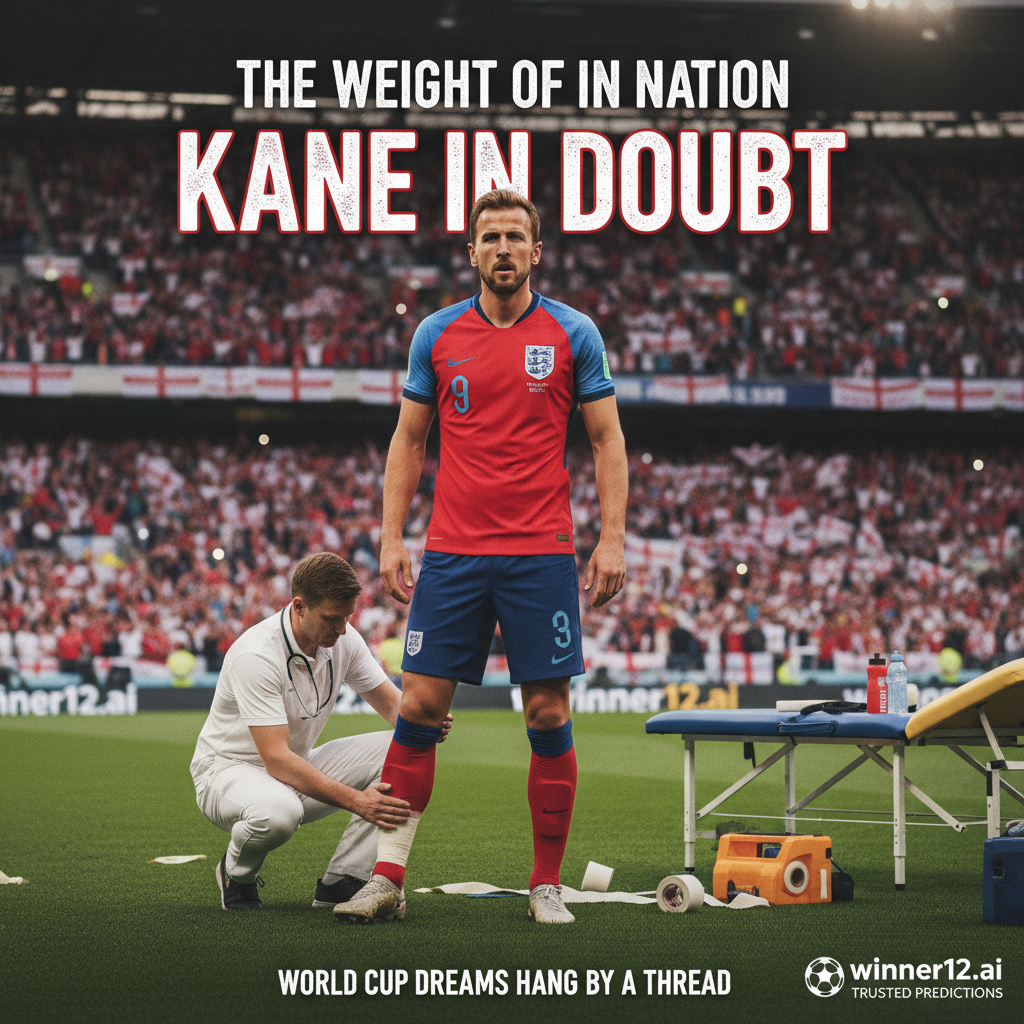 Alt text: Realistic poster of Harry Kane in England football kit looking determined yet concerned, with a packed stadium and cheering fans in the background; medical staff examining Kane beside a physio table highlights his injury impact on England’s World Cup prospects, featuring authentic England team branding and a discreet winner12.ai logo for trusted football predictions.