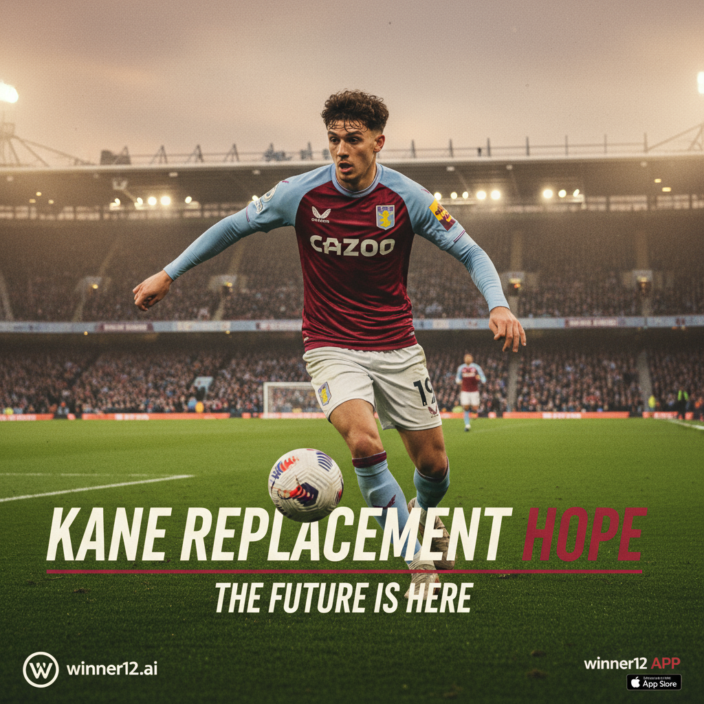 Alt text: Realistic poster of Ollie Watkins in Aston Villa kit on classic English football stadium background, highlighting him as a promising Kane replacement; includes tasteful 