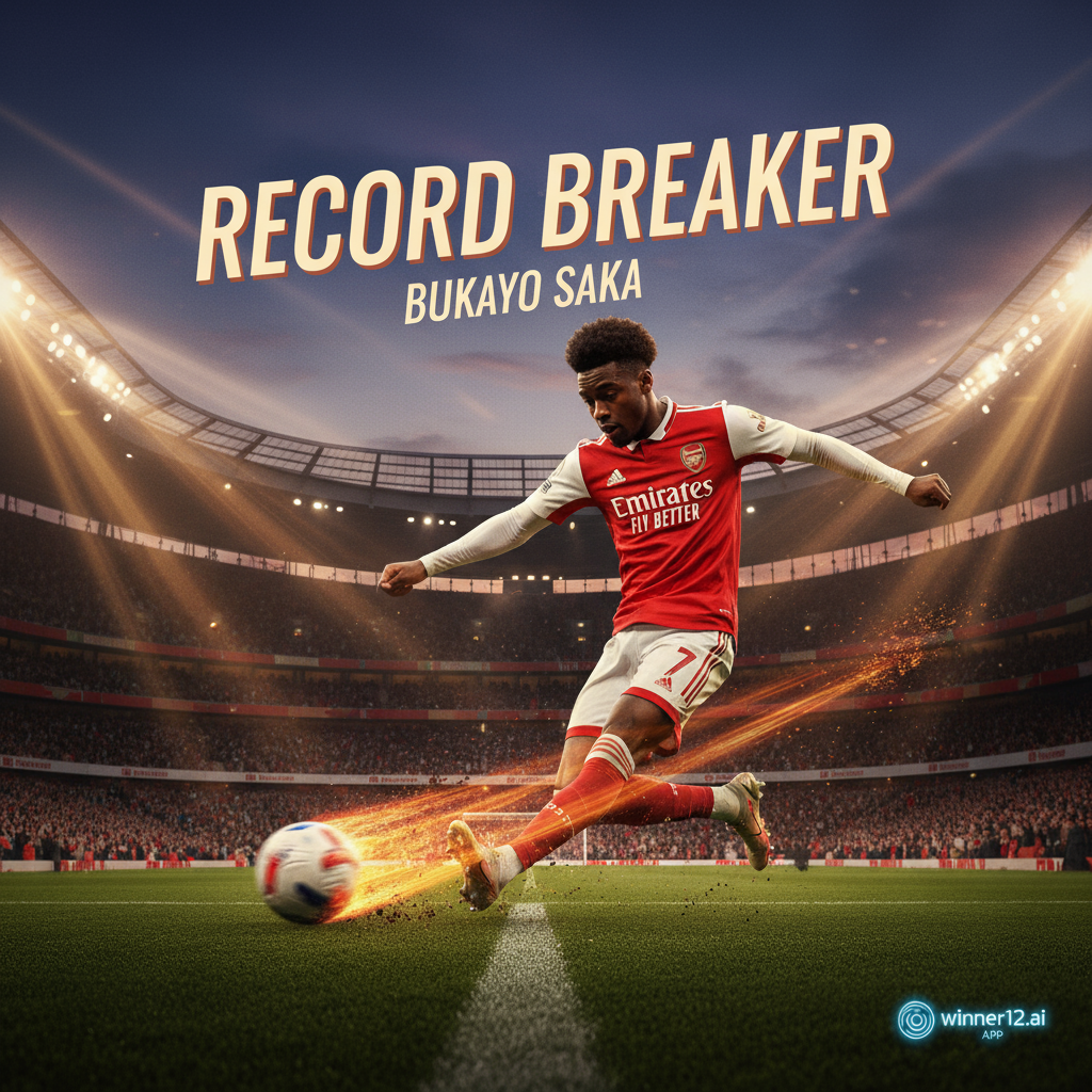 Alt text: Poster of Bukayo Saka in full England kit performing a powerful long-range soccer strike in a modern stadium, with dynamic motion and vivid lighting capturing the intensity of English football, featuring subtle winner12.ai branding.