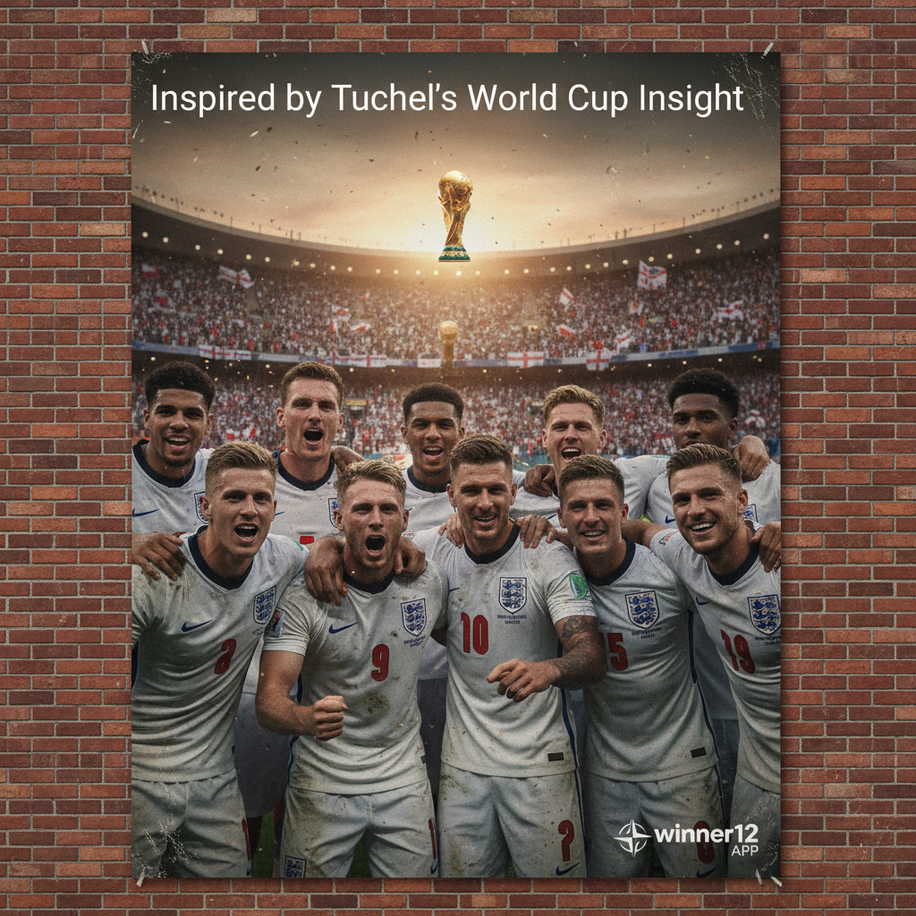 Alt text: Realistic poster of English soccer team in iconic kits celebrating unity and resilience with determined expressions, stadium and cheering fans in background, subtle World Cup trophy visible, dynamic composition highlighting teamwork, text “Inspired by Tuchel’s World Cup Insight” in modern font, winner12.ai logo discreetly placed at bottom corner.