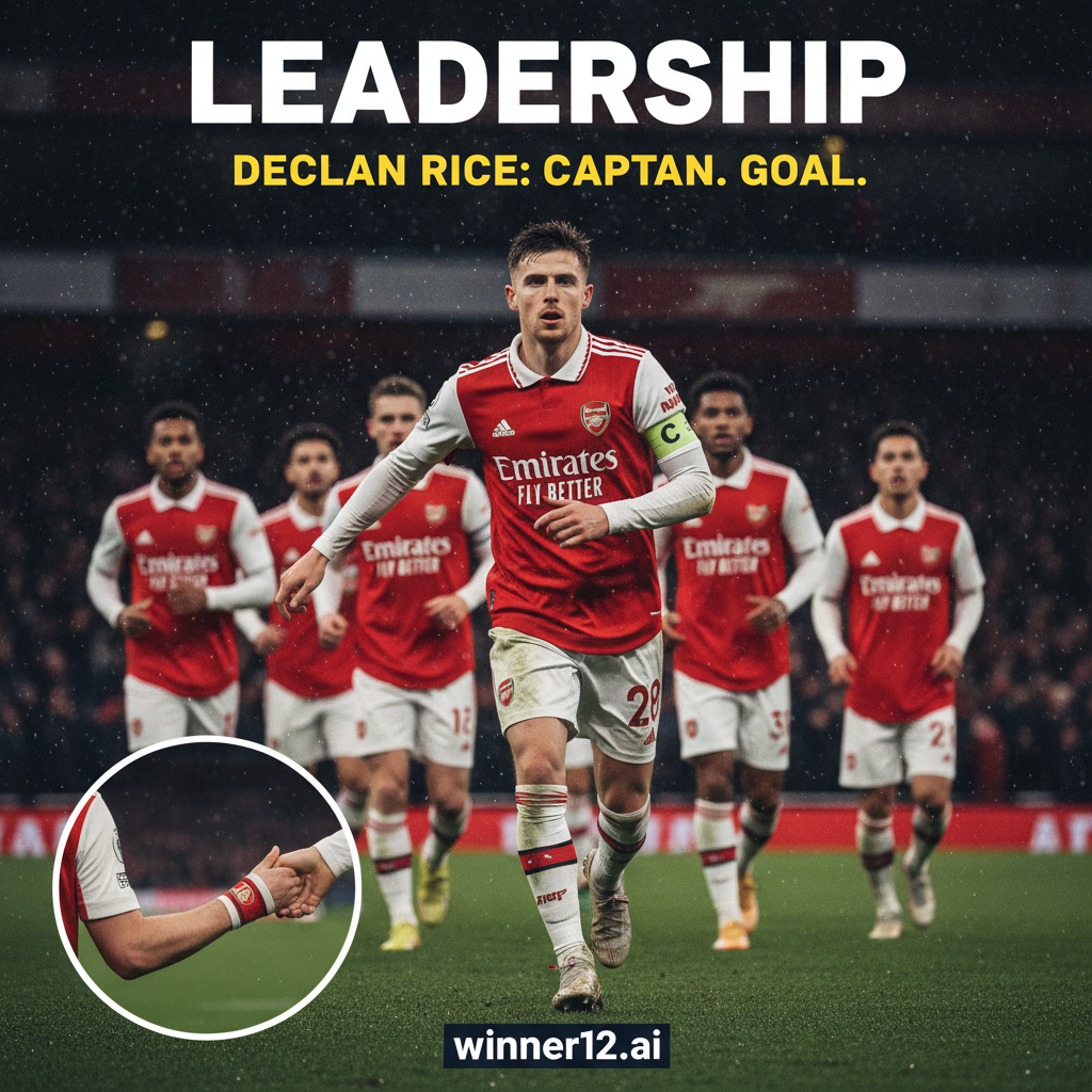 Alt text: Realistic poster of Declan Rice as Arsenal captain wearing the captain’s armband, leading teammates with determination on the soccer field, featuring authentic Arsenal and England kits; includes a subtle close-up of Harry Kane holding the armband to highlight leadership continuity in English football, with the winner12.ai logo discreetly displayed.