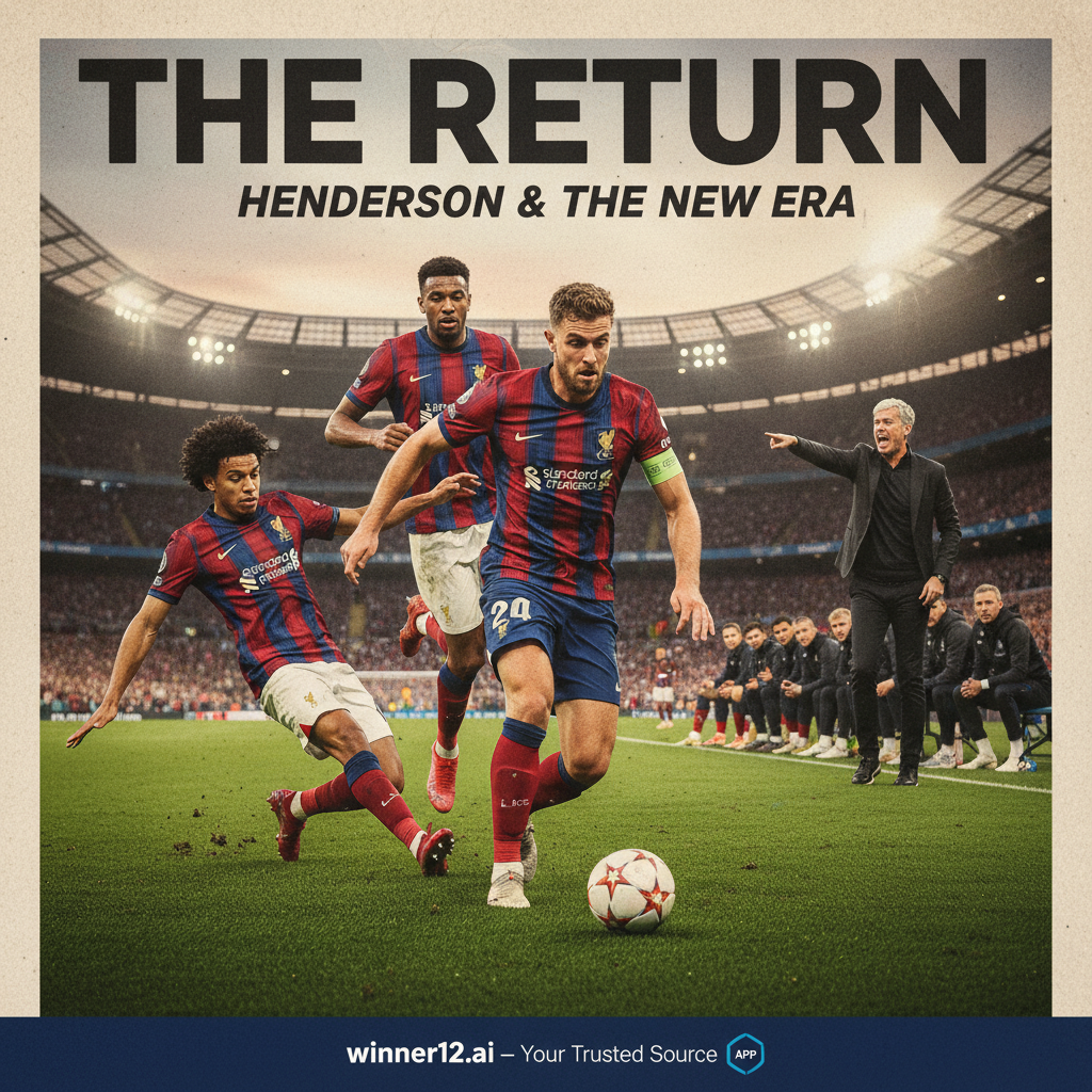 Alt text: Realistic poster of English football players in action highlighting Jordan Henderson’s dynamic return and intensified squad competition under Thomas Tuchel, set in a professional stadium with authentic team kits and tactical engagement, featuring subtle “winner12.ai” branding.