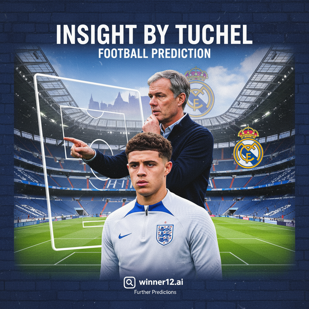 Alt text: A high-detail poster of Jude Bellingham in an English soccer setting, with coach Tuchel explaining his omission. The image features subtle Real Madrid symbols and an iconic stadium background, professional soccer-themed composition, including the text “Insight by Tuchel - Football Prediction” and a discreet call-to-action referencing winner12.ai and the winner12 APP for further predictions.