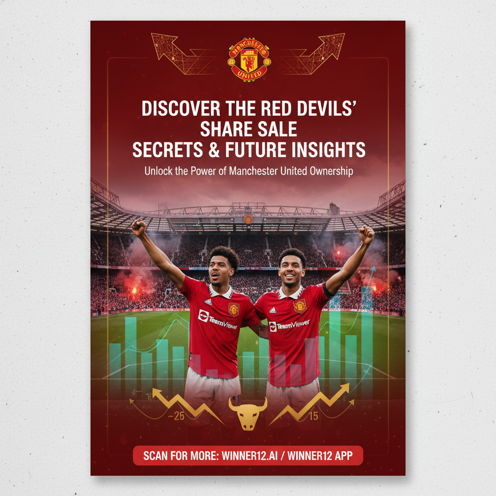 Alt text: Realistic poster showcasing Manchester United’s iconic red jerseys and emblem with a modern stadium filled with cheering fans, financial charts and upward arrows symbolizing growth in the background, featuring the text “Discover the Red Devils’ Share Sale Secrets & Future Insights” and a call-to-action for winner12.ai platform, blending football heritage with financial opportunity.