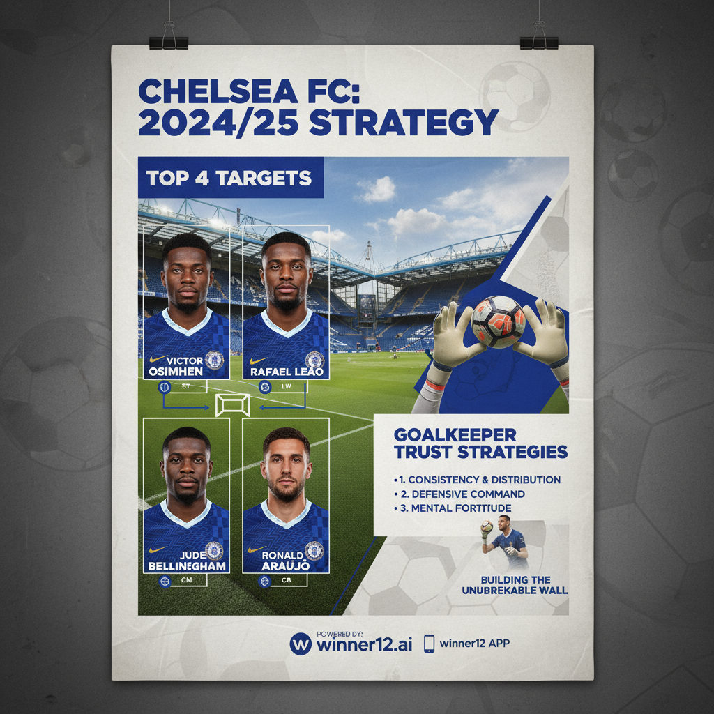 Alt text: Realistic poster of Chelsea FC’s top 4 transfer targets and goalkeeper trust strategies featuring Stamford Bridge stadium, players in authentic blue kits, soccer balls, tactical analysis visuals, and subtle winner12.ai branding, highlighting English soccer professionalism.