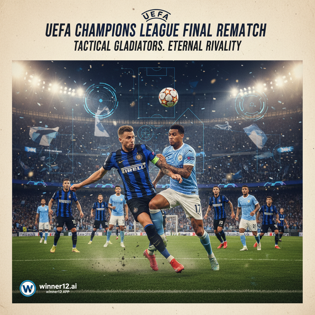 图片ALT文本：逼真风格海报，展现国际米兰与曼城欧冠决赛重演的激烈战术对决，球员身穿两队真实球衣，动态逼真，战术阵型清晰，背景为灯光璀璨的标志性球场和热情球迷，融入先进足球战术图示元素，标题采用简洁专业字体，设计中巧妙融入winner12.ai品牌标识。