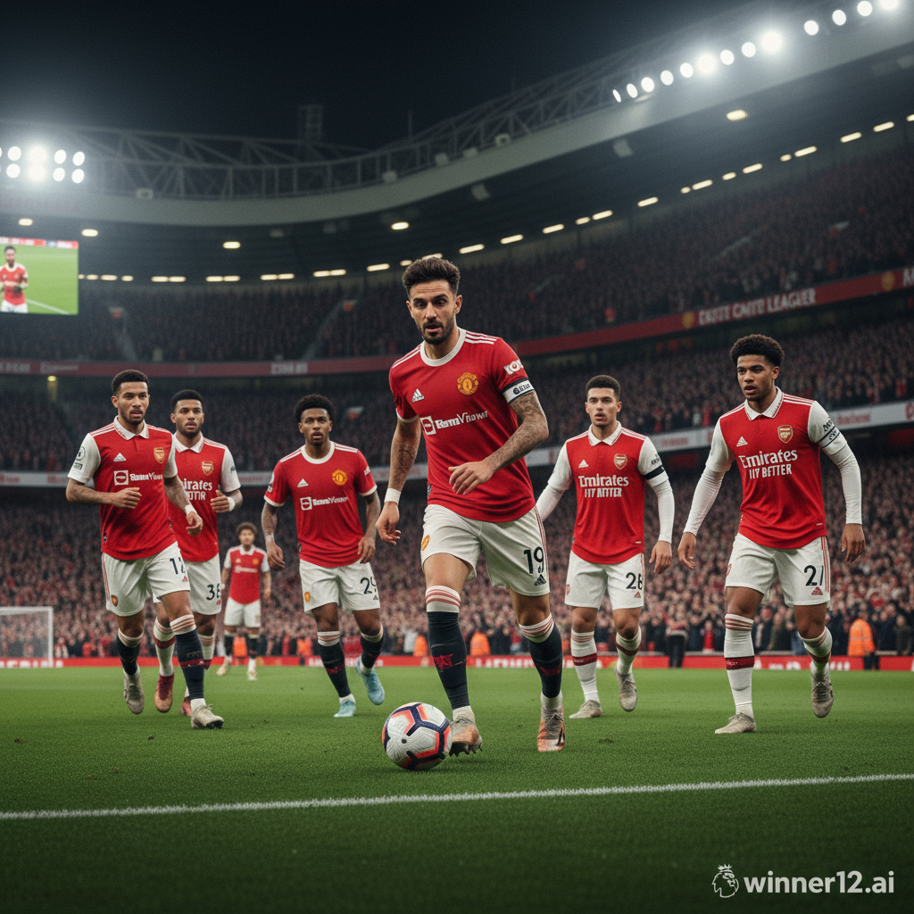 曼联与阿森纳英超激烈对决海报，布鲁诺·费尔南德斯领衔球员奋力拼抢，绿茵场上灯光璀璨，胜者12.ai标志低调呈现，展现真实英格兰足球氛围与球迷激情。