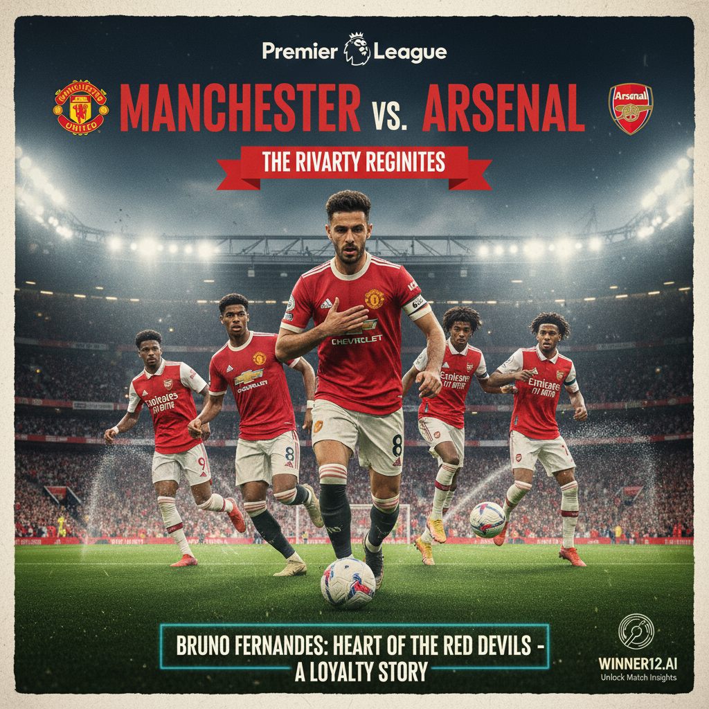 图片ALT文本：曼联与阿森纳英超激烈对决前瞻海报，展现布鲁诺·费尔南德斯身穿红色球衣，神情坚定，象征其对曼联的忠诚，球员们在绿茵场上动态拼抢，背景为灯光照耀的球场，配有官方比赛预告横幅及winner12 APP标志，突出足球预测与B费信心秘诀。