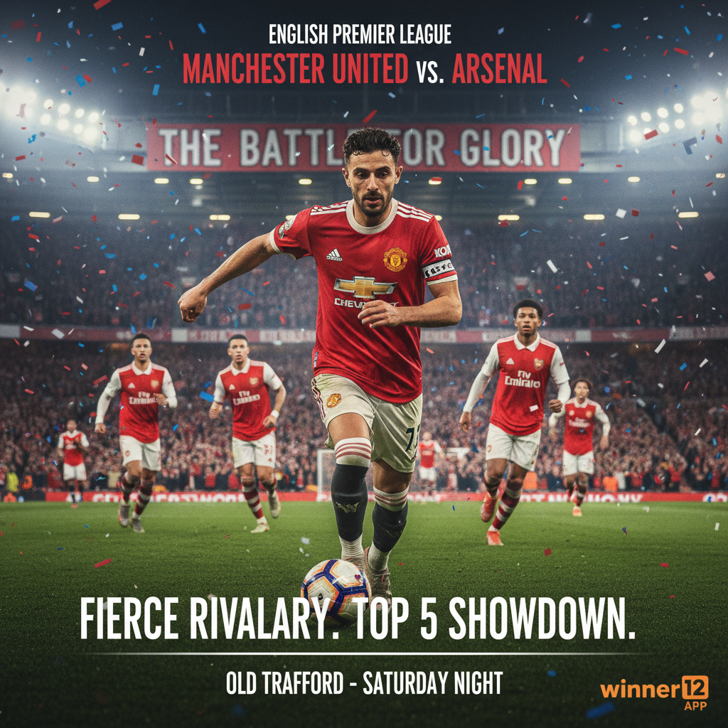 Alt text: Realistic and detailed poster of a high-intensity English Premier League match between Manchester United and Arsenal, featuring Bruno Fernandes in Manchester United kit showing determination and loyalty, dynamic stadium lighting, passionate crowd, authentic soccer gear, rich colours, and subtle winner12.ai logo, capturing the fierce rivalry and top 5 league race atmosphere.