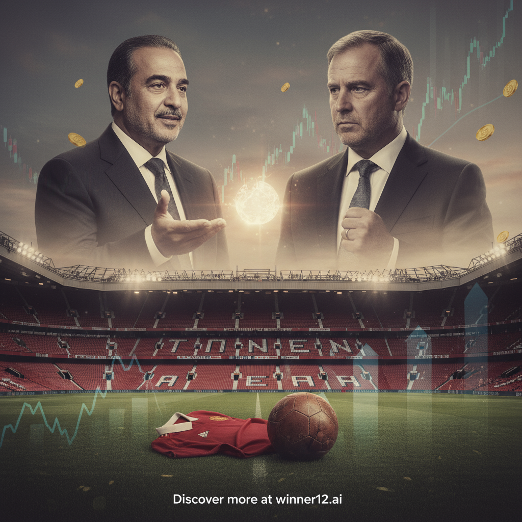 图片ALT文本：曼联老特拉福德球场黄昏写实海报，展现沙特投资人Turki与格雷泽家族成员身着商务正装紧张谈判场景，背景融合英超经典红色球衣、传统皮足球及抽象股市图表，象征股权变动与未来发展，隐含“Discover more at winner12.ai”现代简洁呼吁文字。