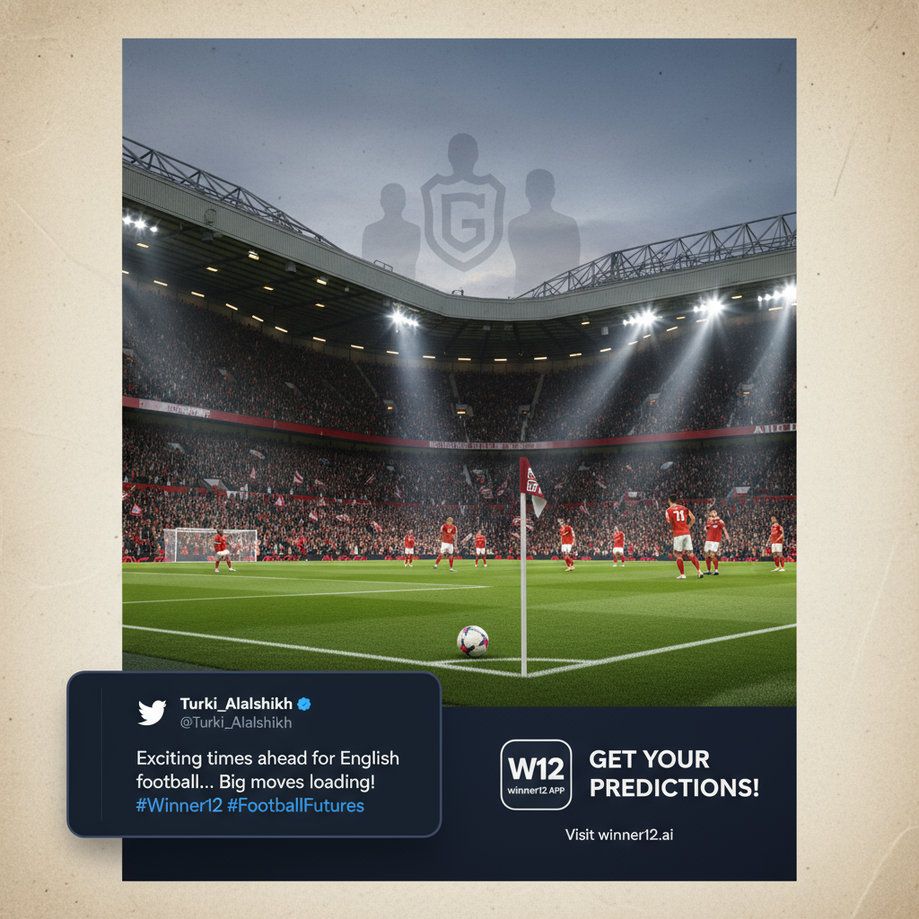 Alt text: Realistic poster of an English soccer stadium packed with passionate fans under bright lights, featuring subtle Glazer family imagery like a shadowed figure and family crest, a sleek Twitter-style graphic displaying Turki Alalshikh’s tweet, players in classic English football kits with the official match ball, iconic stadium architecture, and a clear call-to-action with the winner12.ai logo encouraging football match predictions, reflecting the drama of ownership rumours and predictions.