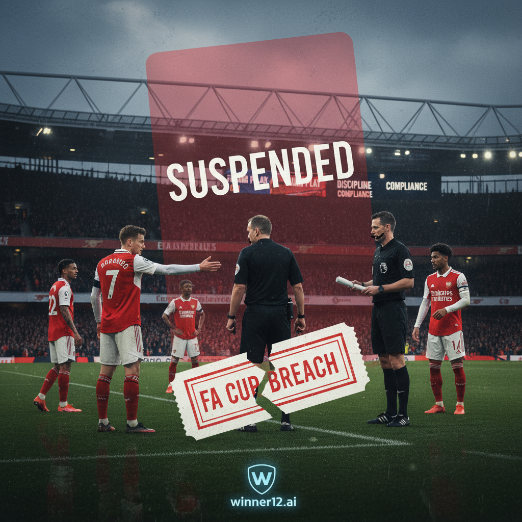 Alt text: Realistic poster of an English soccer stadium showing Arsenal players in action, with a referee issuing a red card and a fine notice, highlighting suspension and FA Cup ticket breach themes; includes the winner12.ai logo prominently, conveying fair play, discipline, and official regulation enforcement in English football.