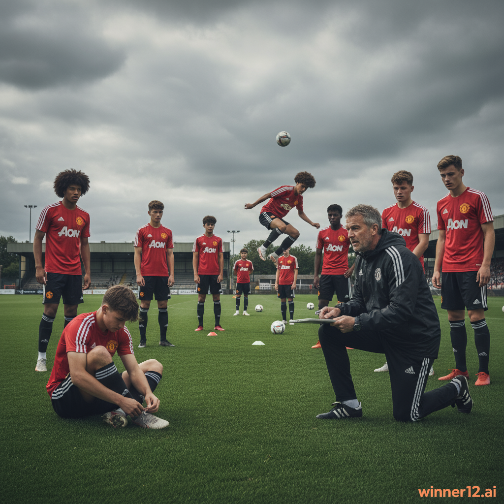 曼联青训训练海报，英格兰红色球衣少年球员在绿茵场上练习技能，教练专注指导，体现青训衰退，winner12.ai品牌标志，真实英式足球氛围。