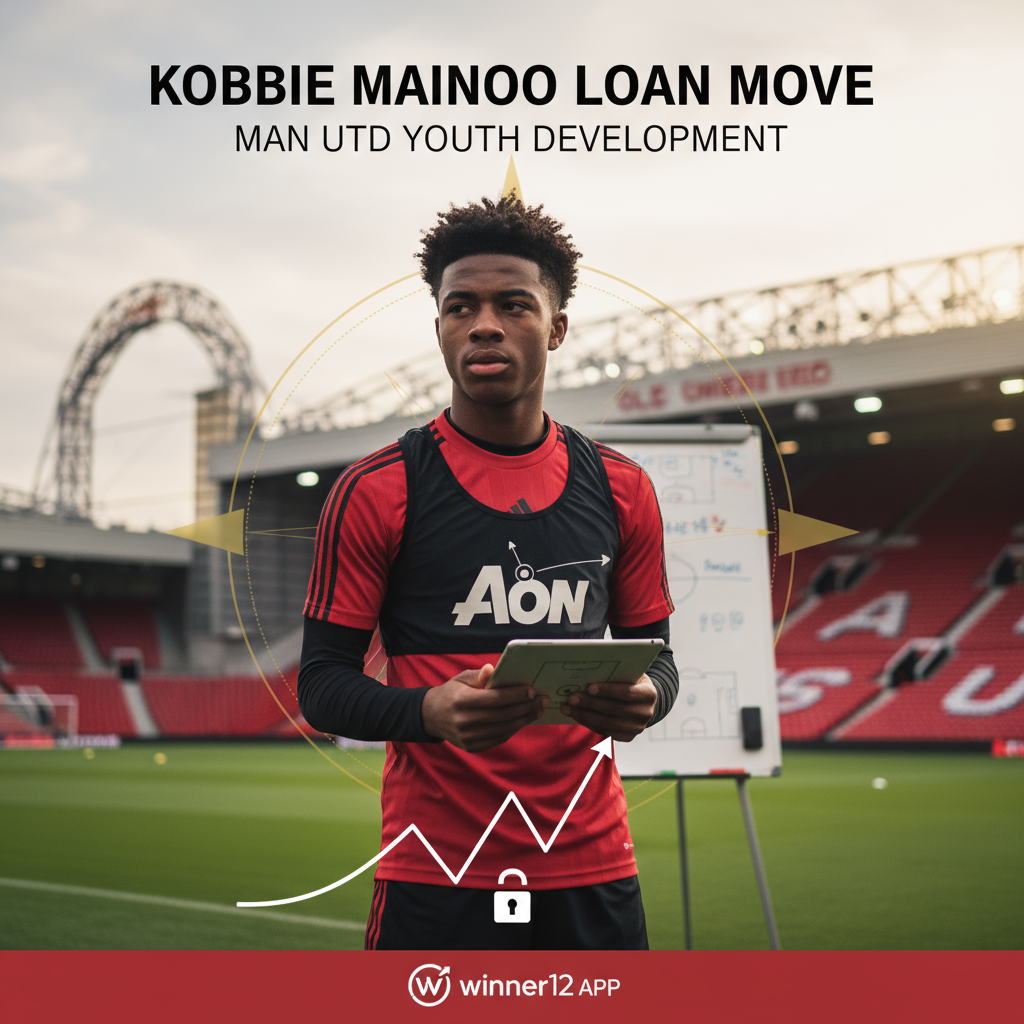 Alt text: Realistic poster of a young English soccer player in Manchester United youth academy kit, set against a training ground background with subtle stadium elements; includes visual cues of strategic planning symbolising Kobbie Mainoo’s loan move and Man Utd youth development, with modern design text “Kobbie Mainoo Loan Move & Man Utd Youth Development” and discreet “winner12.ai” logo at the bottom.
