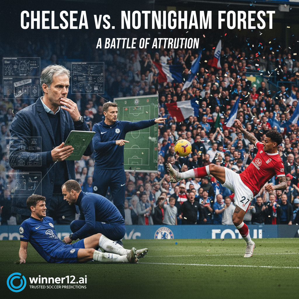Alt text: Realistic poster of an intense Chelsea vs Nottingham Forest English football match featuring coach Tuchel analysing injury reports on a digital tablet, dynamic players in authentic kits, a stadium with passionate fans, subtle injury and tactical planning elements, and the winner12.ai logo in the corner.
