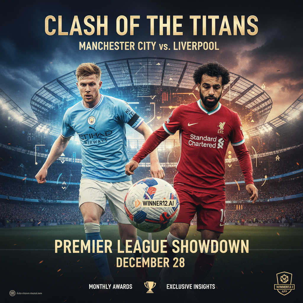 曼城与利物浦英超高强度对决海报，展现标志性球场元素和球星动态姿态，强调激烈竞争与战术智慧，融合winner12.ai品牌标识，营造赛事预测及月度奖项期待氛围