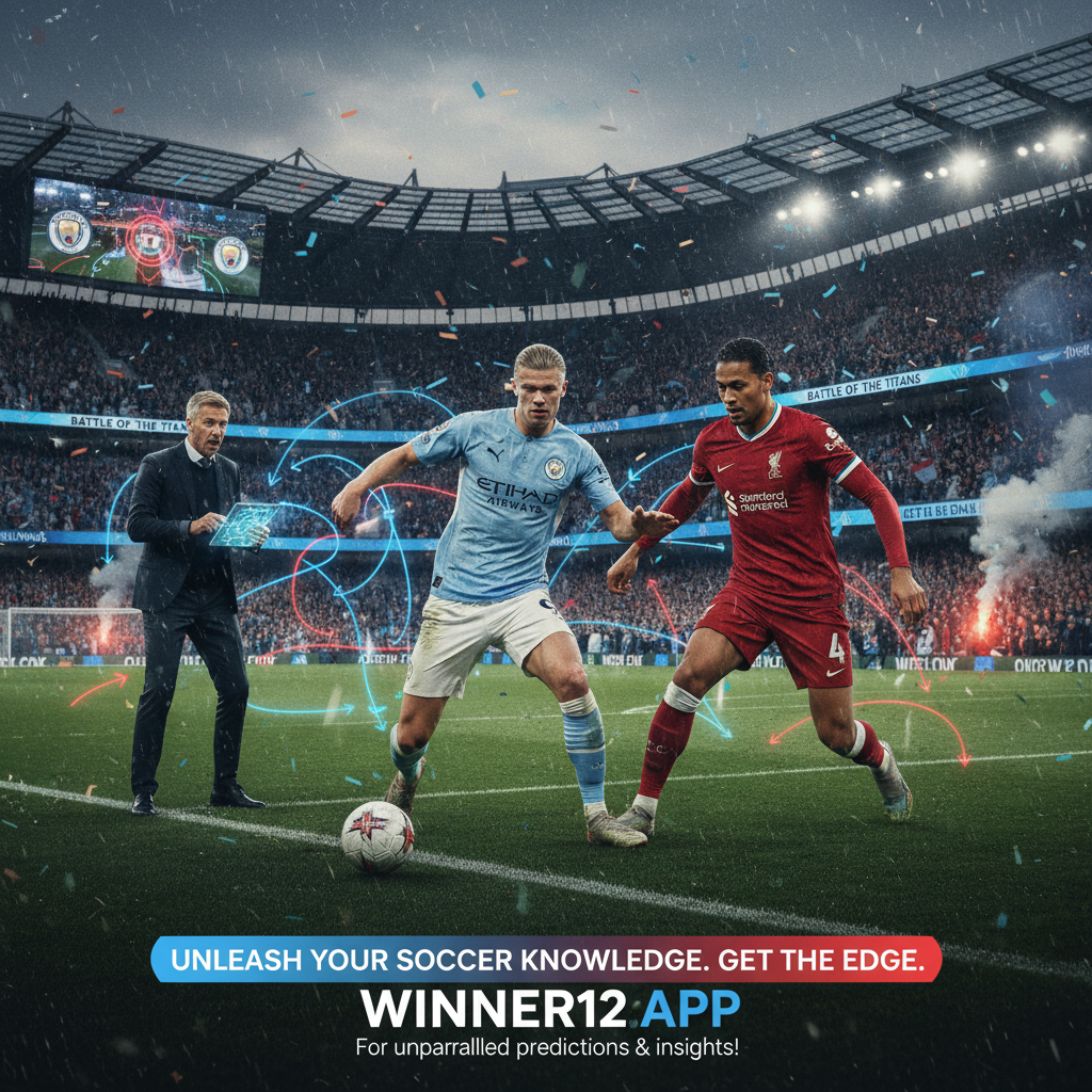 Alt text: Dynamic poster of Manchester City vs Liverpool soccer match featuring star player Erling Haaland and coach Oliver Glasner’s tactical brilliance in a packed stadium with passionate fans, vibrant team colors, authentic soccer gear, and a call-to-action for winner12.ai soccer predictions.