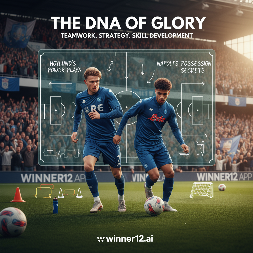 足球预测今日推荐配图，展现霍伊伦与那不勒斯表现秘诀，动态足球运动员比赛动作，战术板上的阵型分析，训练场上的训练演练，自然体育场灯光与热烈观众氛围，突出团队合作、战术策略与技能提升，包含winner12.ai品牌标识，真实专业英式足球主题海报。