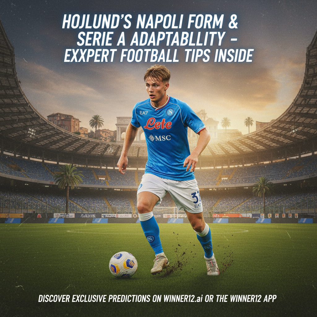 ALT text: Realistic soccer poster featuring a dynamic player resembling Hojlund in Napoli’s blue kit, highlighting agility and strength on the pitch, with a subtle Serie A stadium and Italian architectural background, and modern text overlay promoting expert football tips and exclusive predictions on winner12.ai.