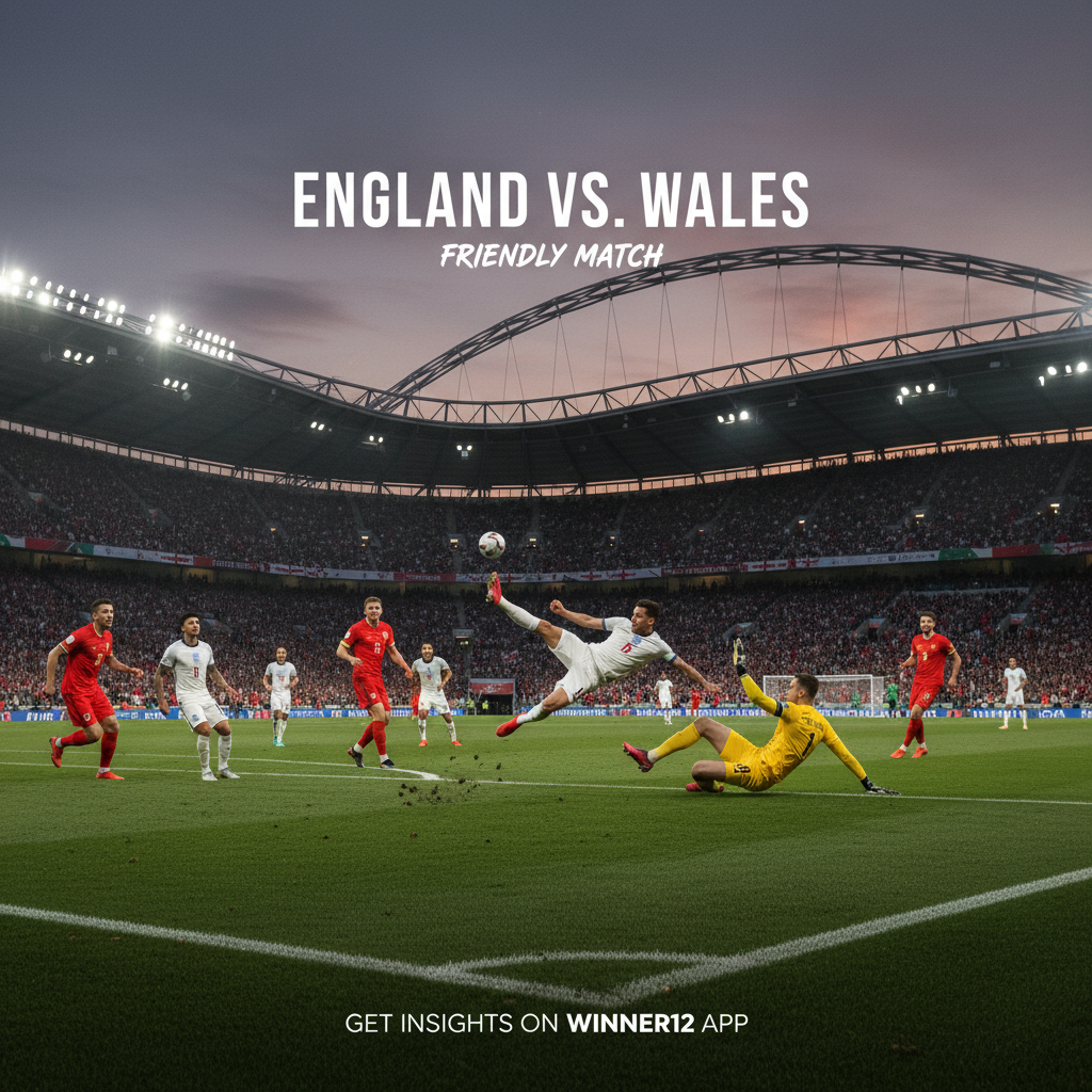 ALT text: Realistic poster of an intense England vs Wales soccer match at Wembley Stadium featuring players in classic red and white England jerseys in dynamic action on a lush green pitch under bright stadium lights, with Wembley’s architecture and enthusiastic fans waving flags in the background; includes clean modern text promoting expert soccer predictions on winner12.ai.