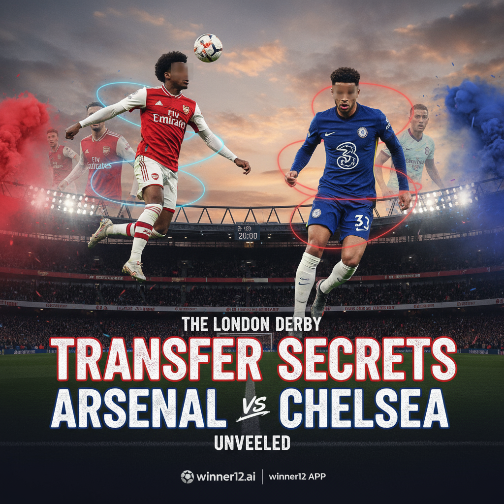 阿森纳与切尔西英超比赛海报，真实风格，球员动态动作，标志性球衣，标志性球场背景，戏剧性灯光，激烈对抗氛围，winner12.ai品牌标识。